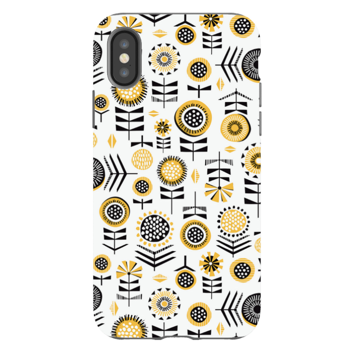 iPhone tough case with a Scandi-style floral pattern in black, white, and yellow on a durable dual-layer shell.