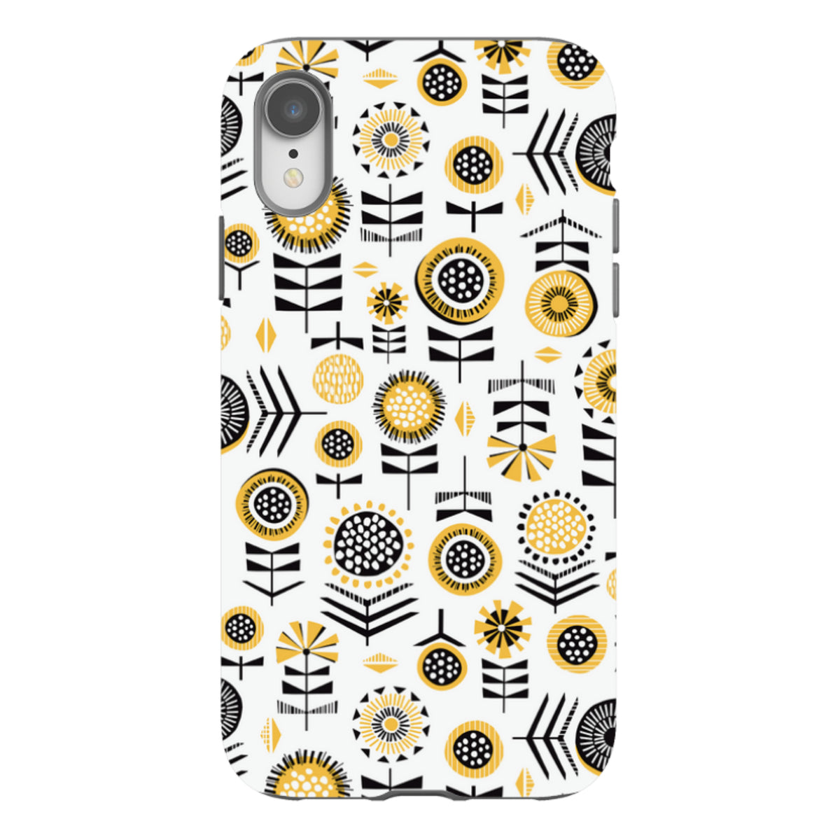 iPhone tough case with a Scandi Summer floral pattern in black, white, and yellow on a durable dual-layer shell.