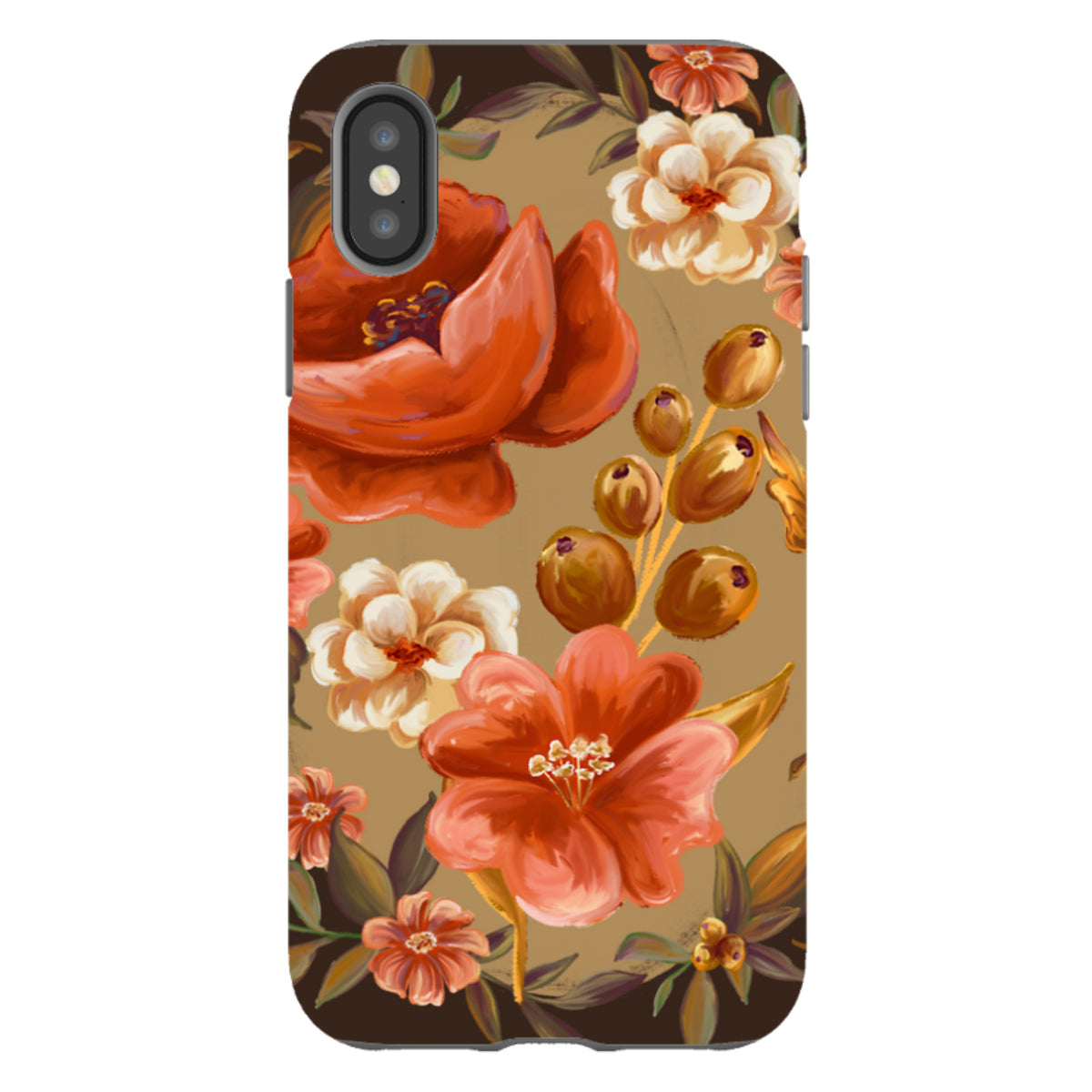 iPhone Tough Case featuring a vibrant floral print with red and white flowers on a warm tan background.