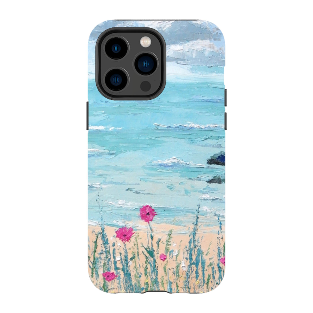 Dual-layer iPhone tough case featuring a textured seascape oil painting with blue ocean waves and pink wildflowers.