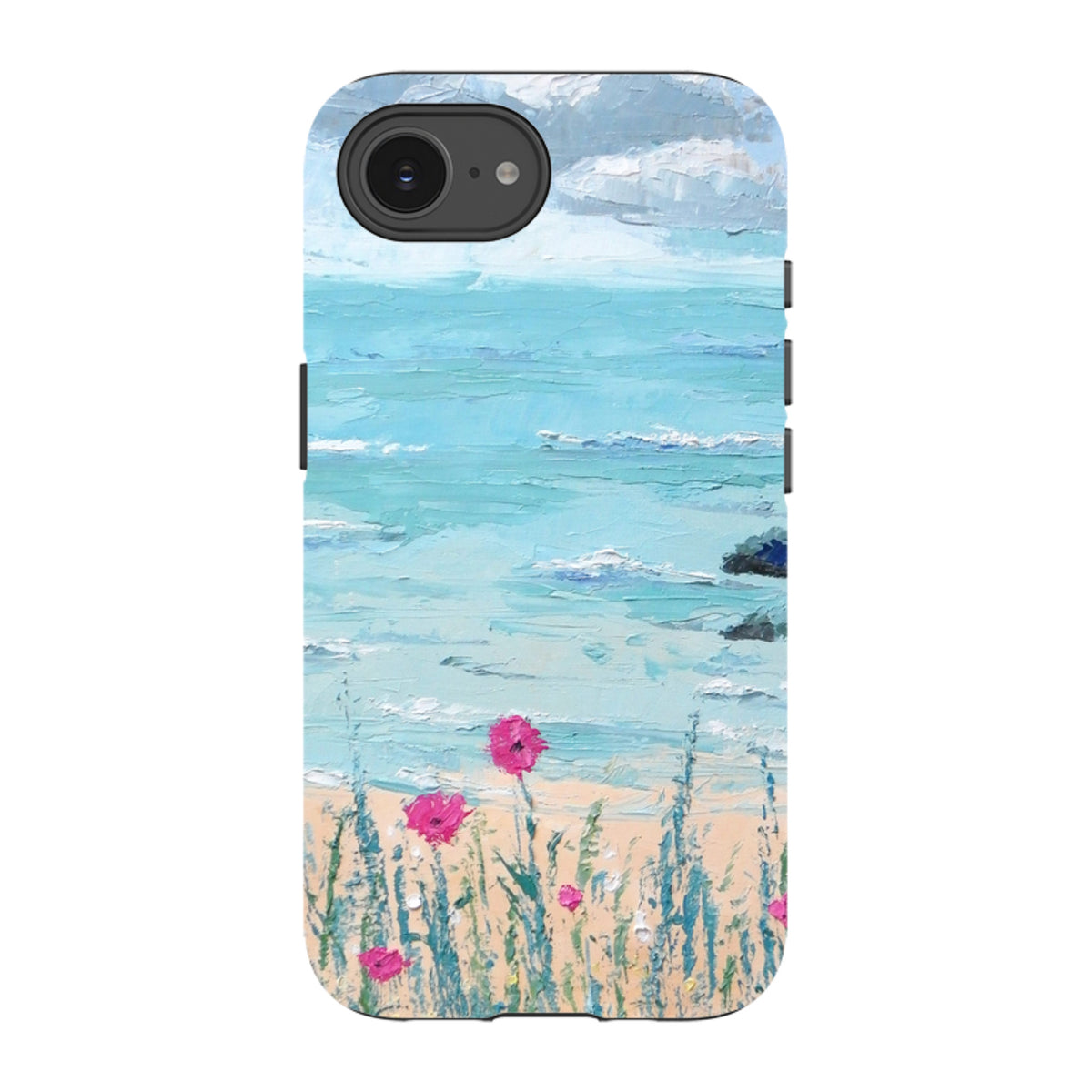 Dual-layer iPhone tough case featuring an impasto seascape painting with blue ocean waves and vibrant pink flowers.