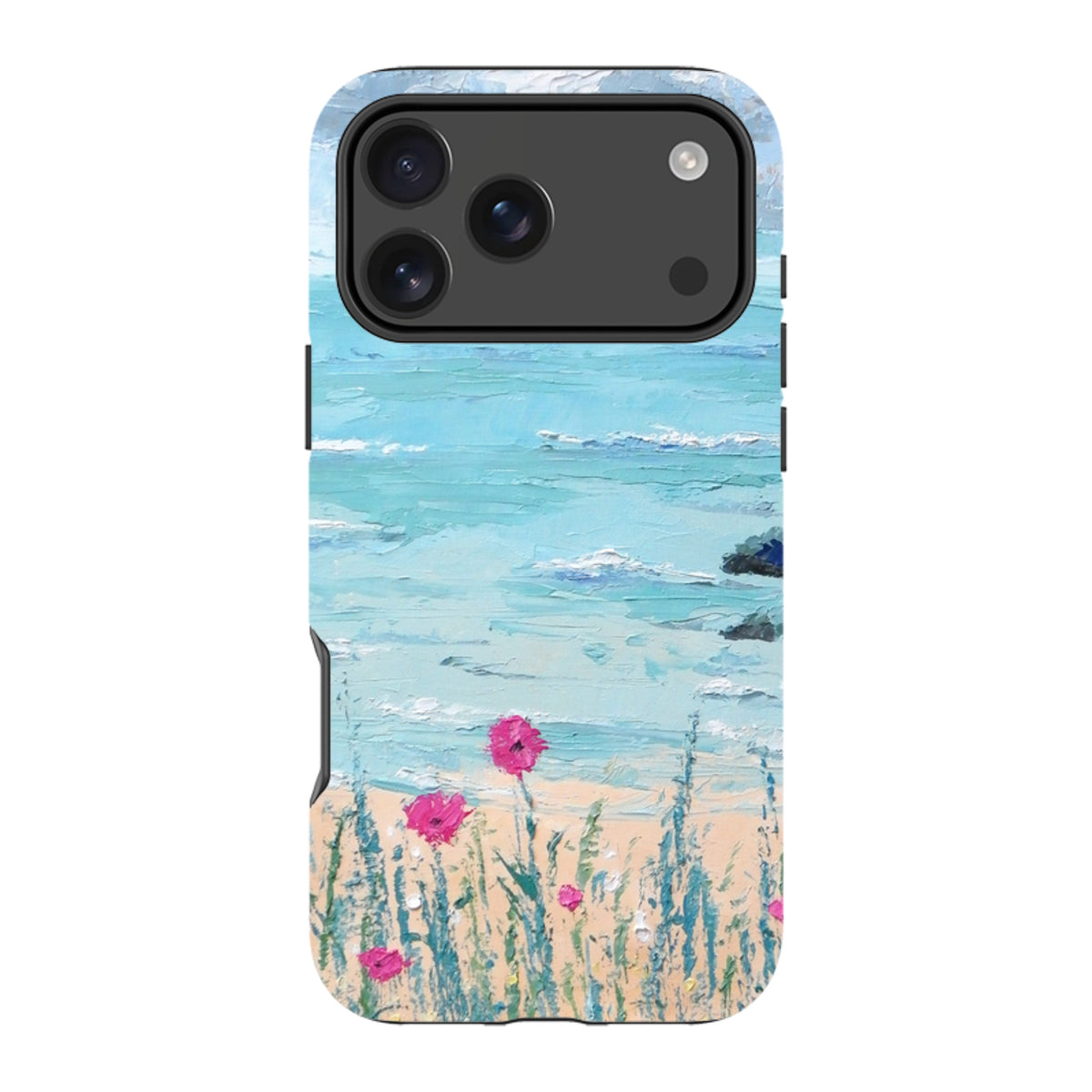 Dual-layer iPhone tough case featuring a textured Seascape oil painting with blue ocean waves and pink wildflowers.