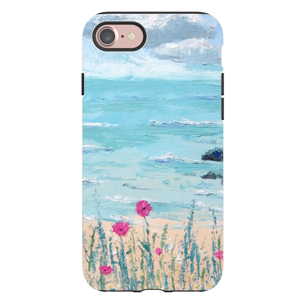 iPhone tough case featuring a textured Seascape oil painting with blue ocean waves, sandy beach, and bright pink flowers.