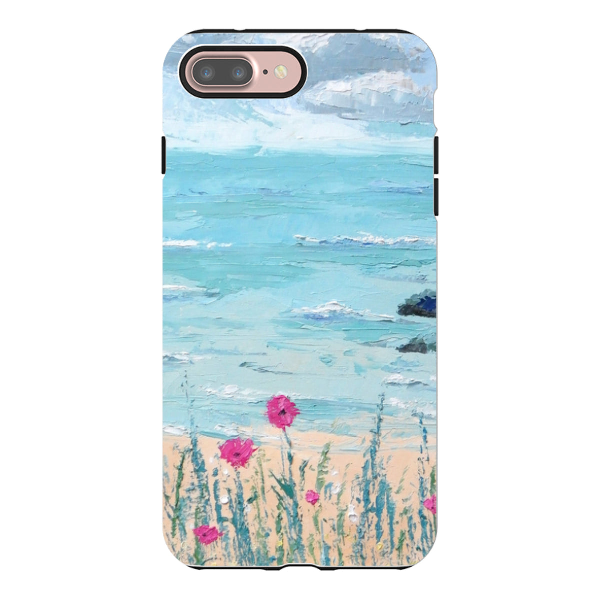 iPhone tough case featuring Mary Stubberfield's seascape oil painting with blue ocean waves and pink flowers on sand.