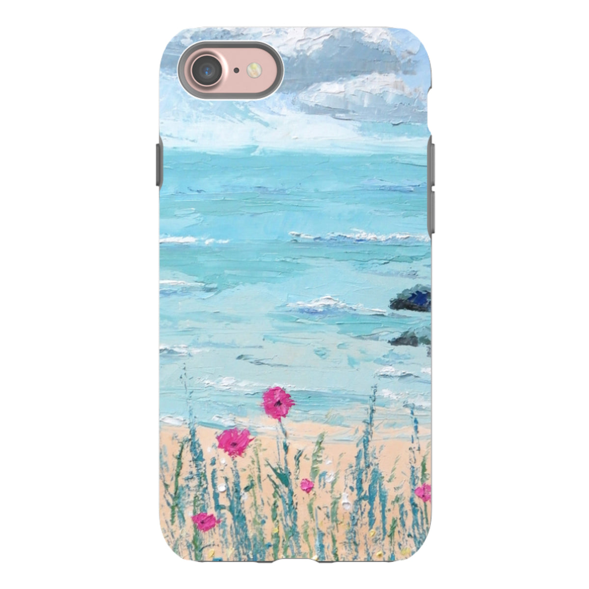 iPhone tough case featuring a textured seascape oil painting with blue ocean waves, sandy beach, and bright pink flowers.
