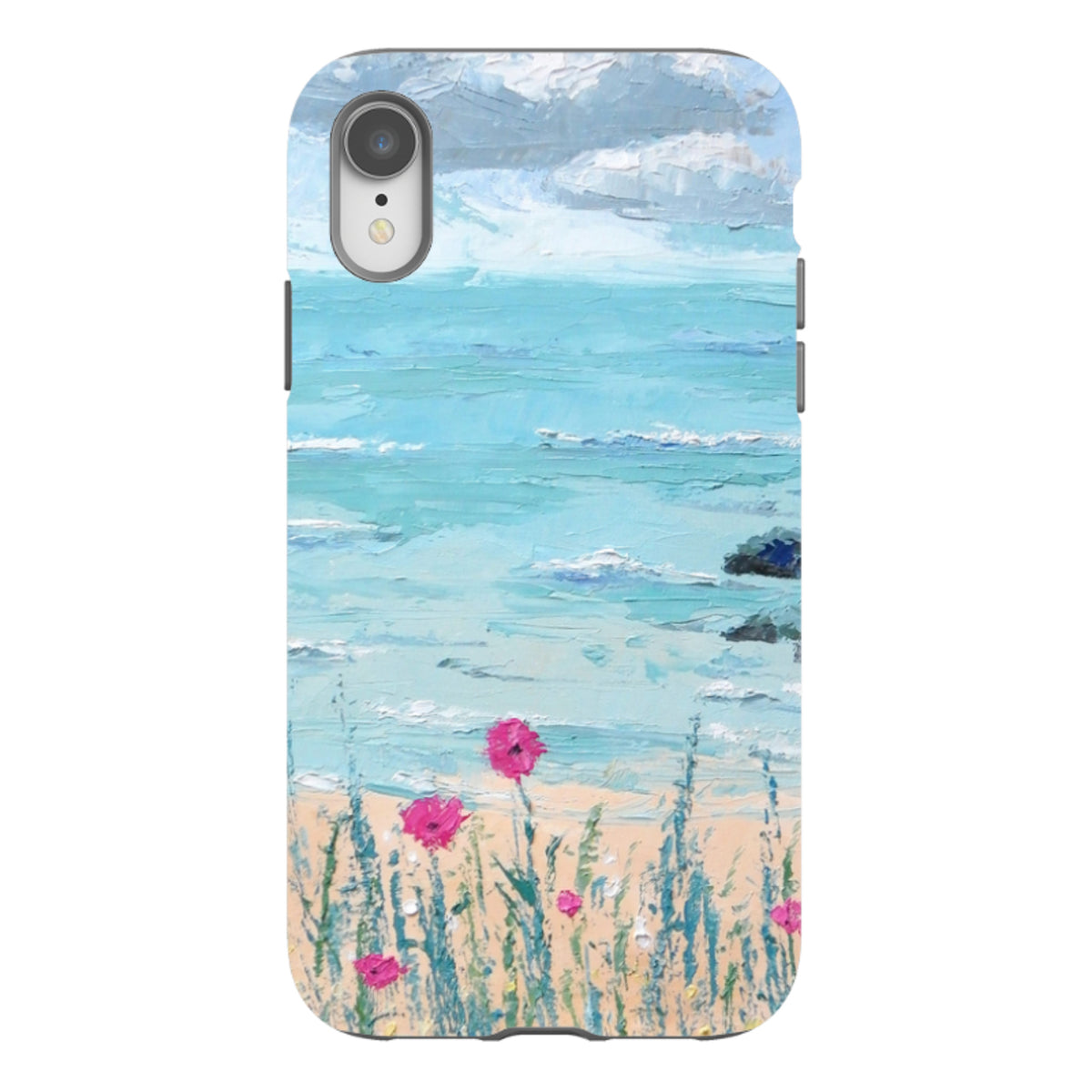Dual-layer iPhone case featuring a textured seascape oil painting with blue ocean waves and bright pink flowers.