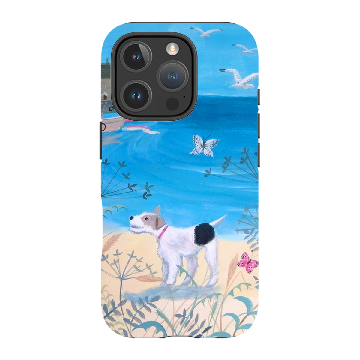 Dual-layer iPhone case featuring Mary Stubberfield's Seaside Dog artwork with a white terrier on a blue coastal beach.