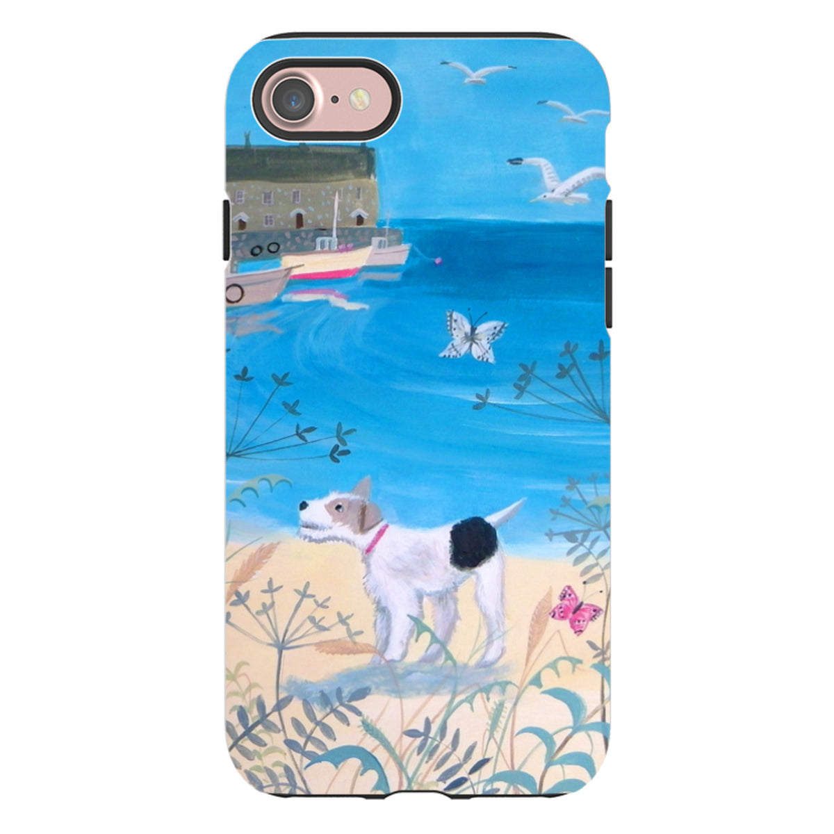 Dual-layer iPhone tough case featuring a Seaside Dog painting with a coastal harbor, seagulls, and butterflies.