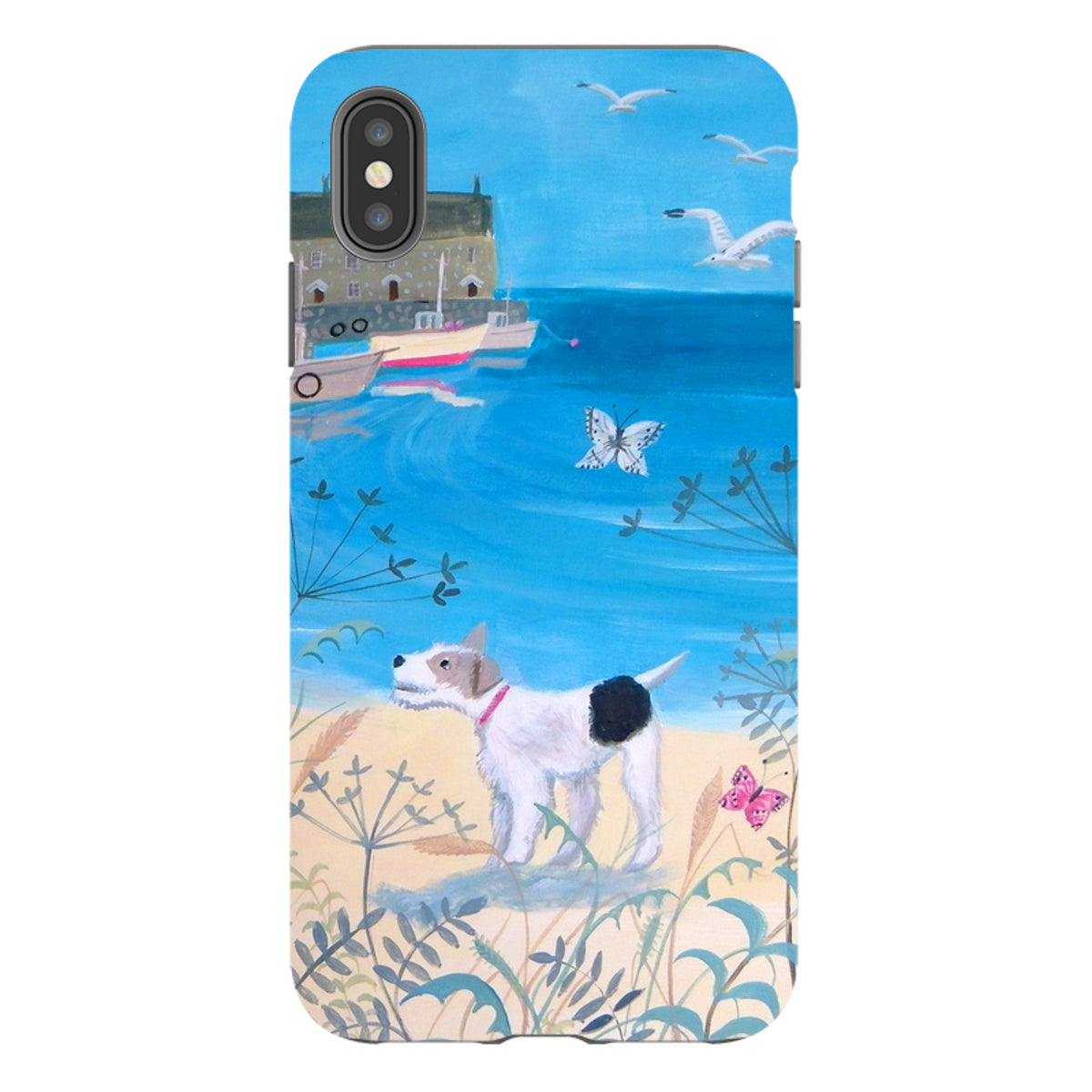 iPhone tough case with Seaside Dog artwork featuring a terrier on a beach, blue ocean, boats, and butterflies.