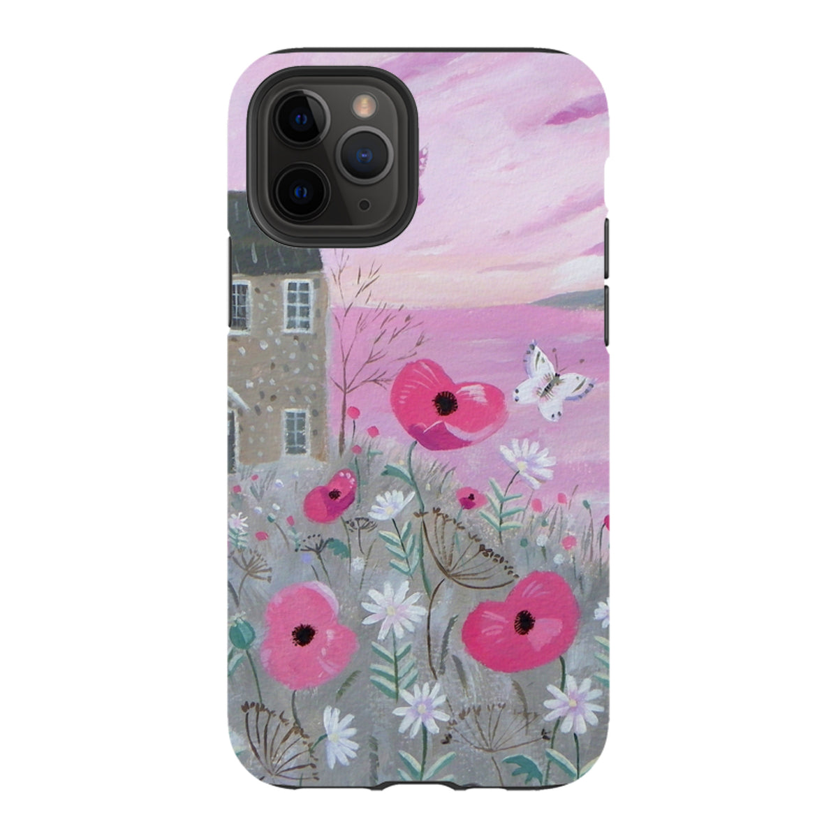 Dual-layer iPhone tough case featuring a pink seaside floral painting with a stone cottage and butterfly.