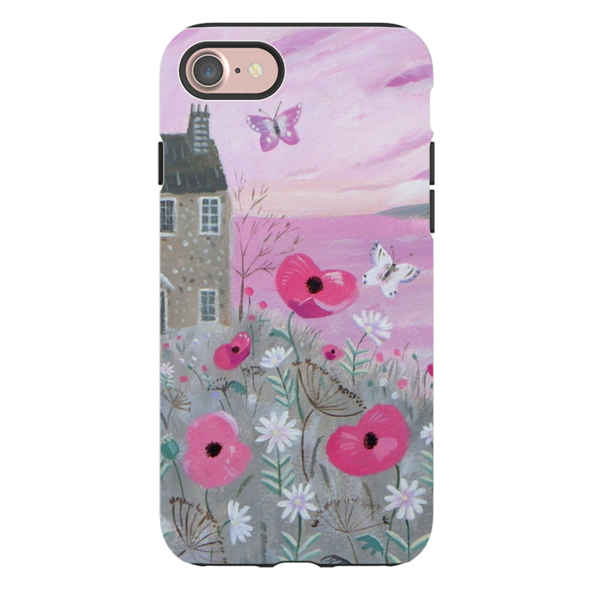iPhone tough case featuring Seaside Flowers art with pink poppies, butterflies, and a cottage on a soft pink background.