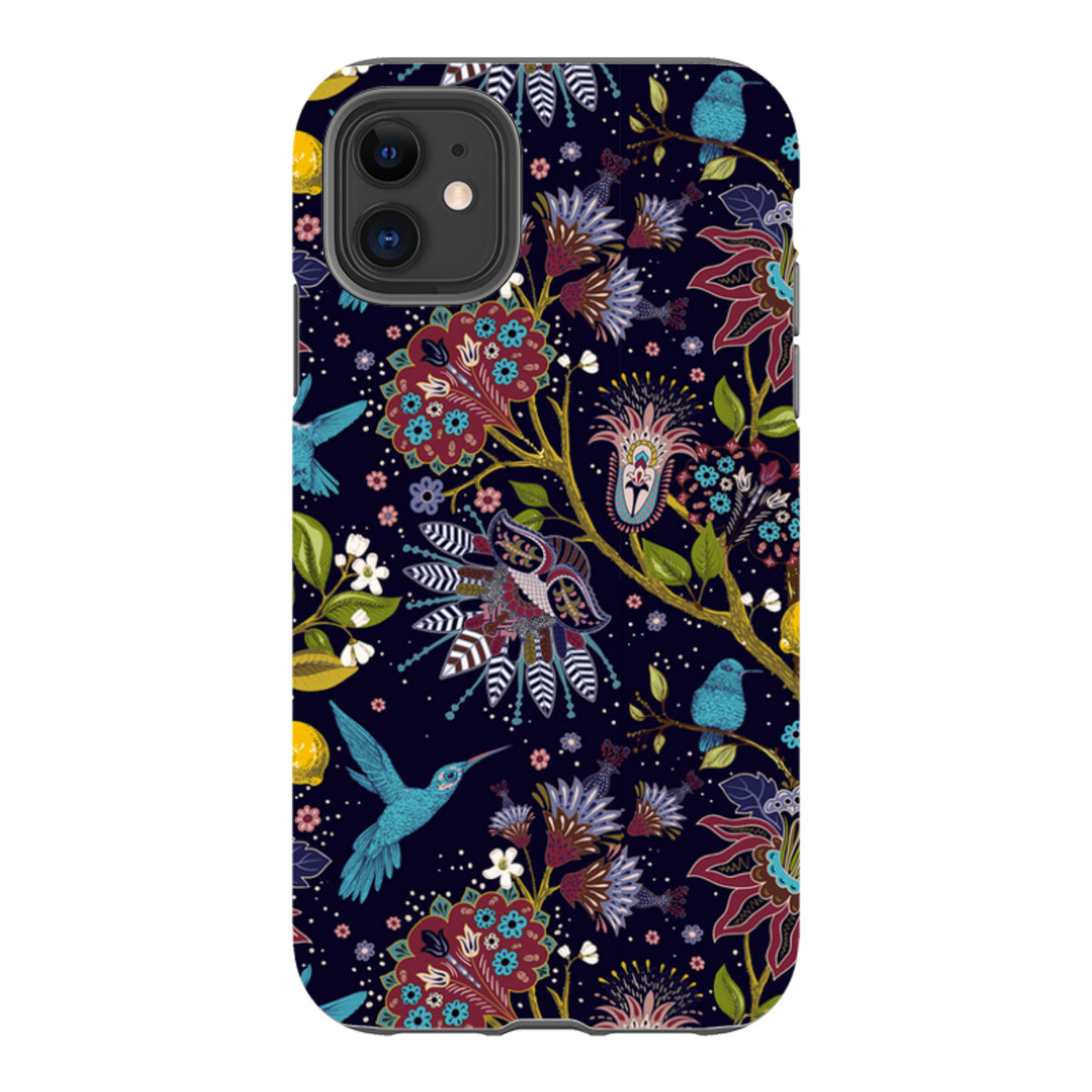 iPhone Tough Case featuring a dark navy floral pattern with vibrant blue hummingbirds and intricate botanical details.