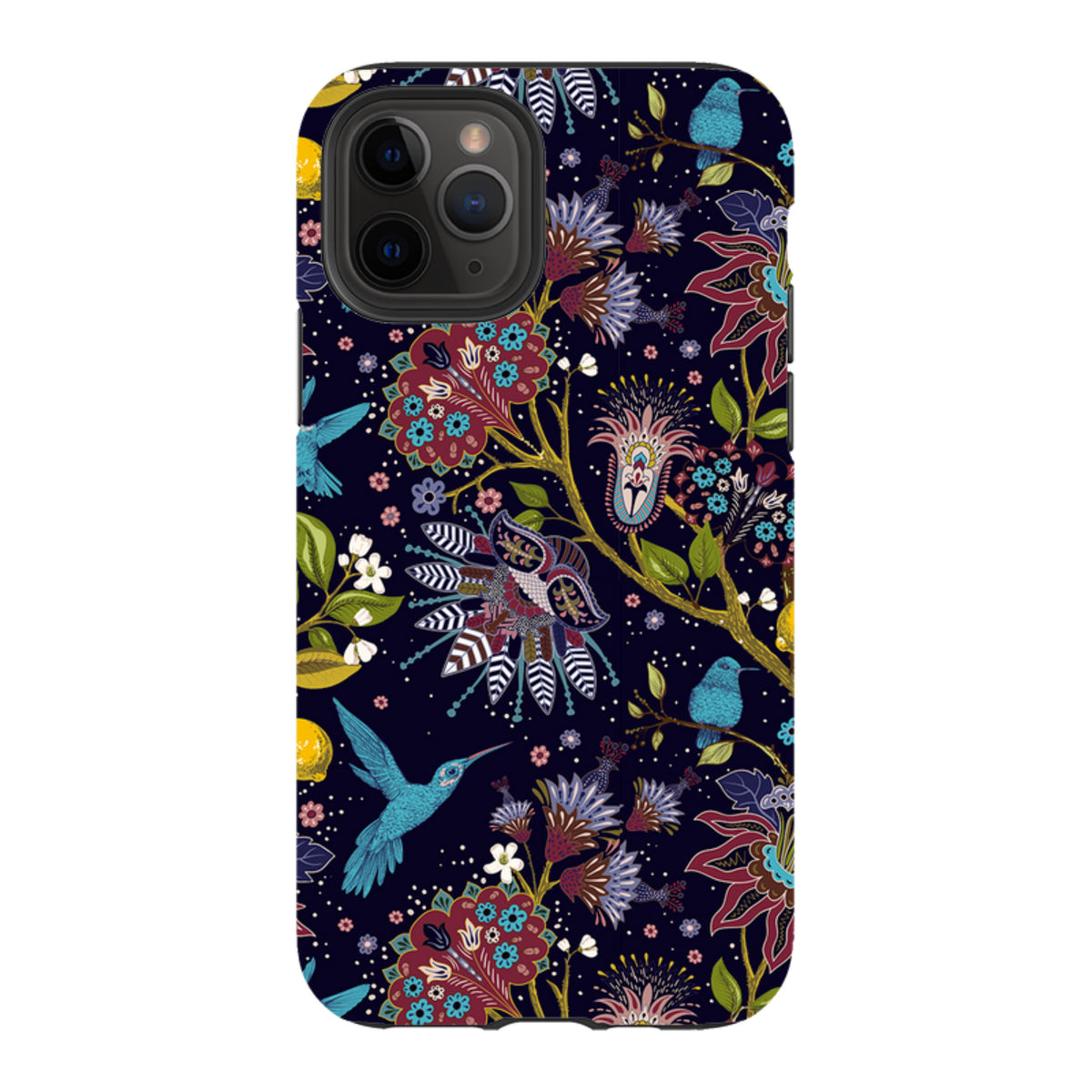 iPhone Tough Case featuring a dark floral pattern with blue hummingbirds and intricate, colorful botanical illustrations.