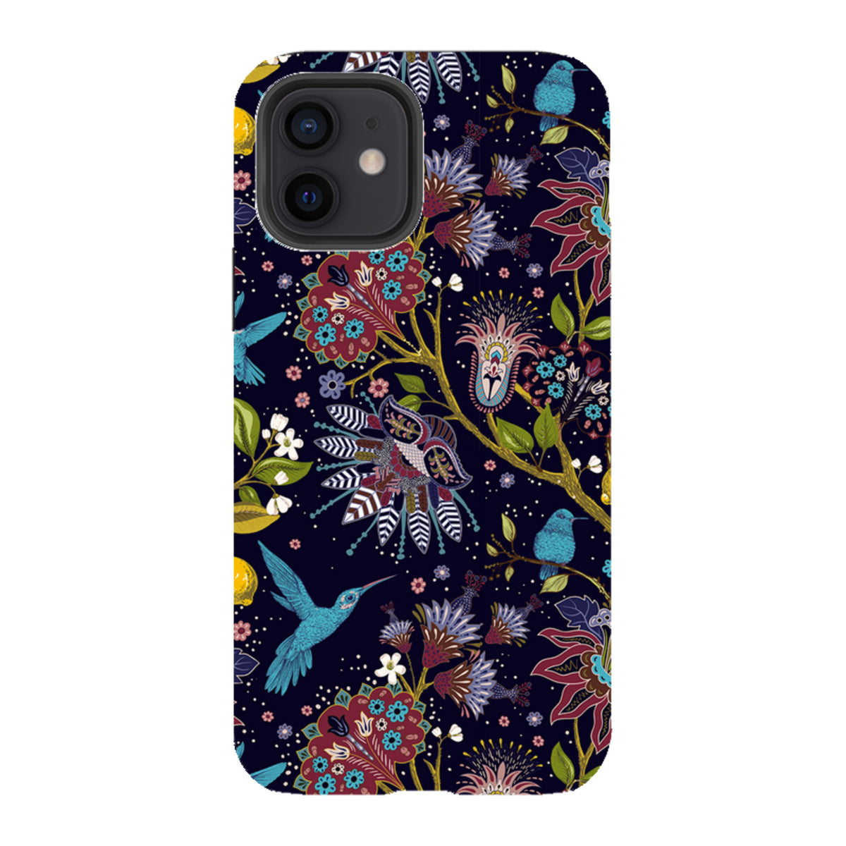 iPhone tough case with a dark blue floral pattern featuring hummingbirds and intricate, colorful botanical illustrations.