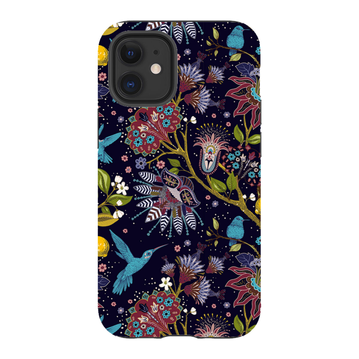 iPhone Tough Case with a dark blue floral pattern featuring hummingbirds and intricate botanical illustrations.
