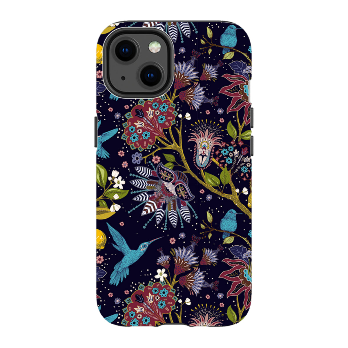 iPhone tough case with a dark navy floral pattern featuring hummingbirds and intricate, colorful botanical illustrations.