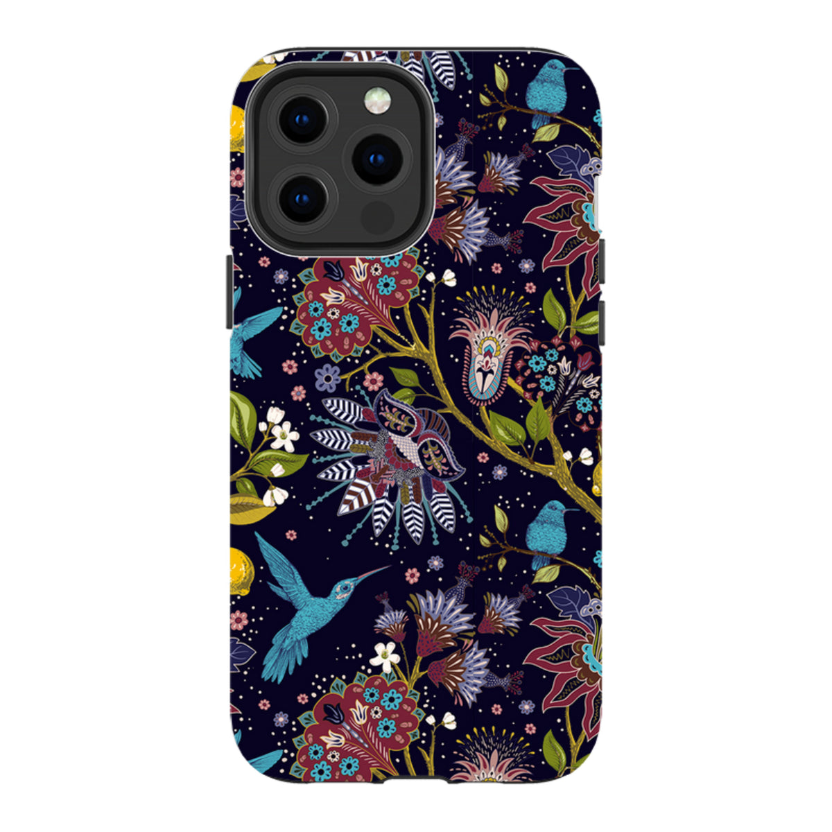 iPhone Tough Case with a dark blue floral pattern featuring hummingbirds and intricate botanical illustrations.
