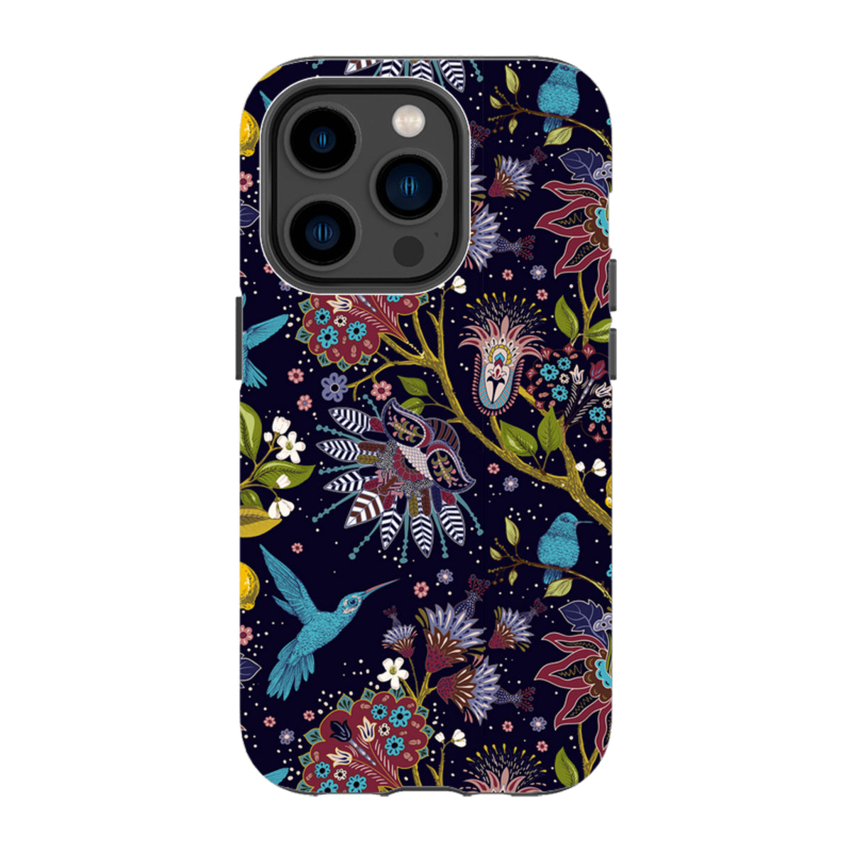iPhone Tough Case featuring a dark floral pattern with hummingbirds and intricate botanical art in vibrant colors.