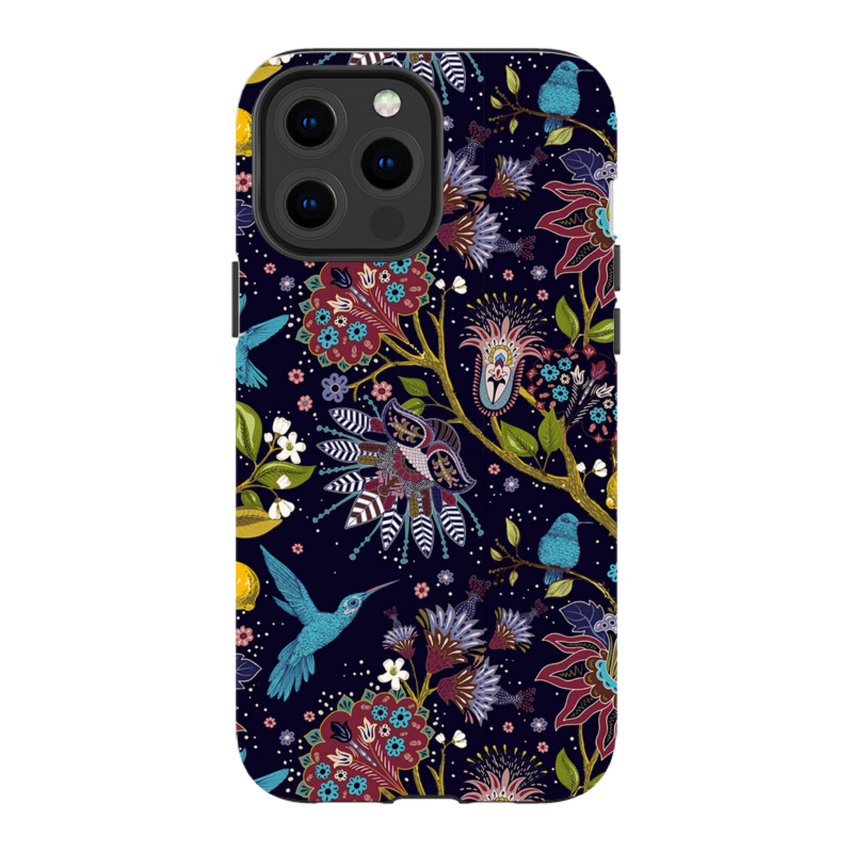 iPhone tough case with a dark blue floral and hummingbird pattern, featuring a durable dual-layer design.