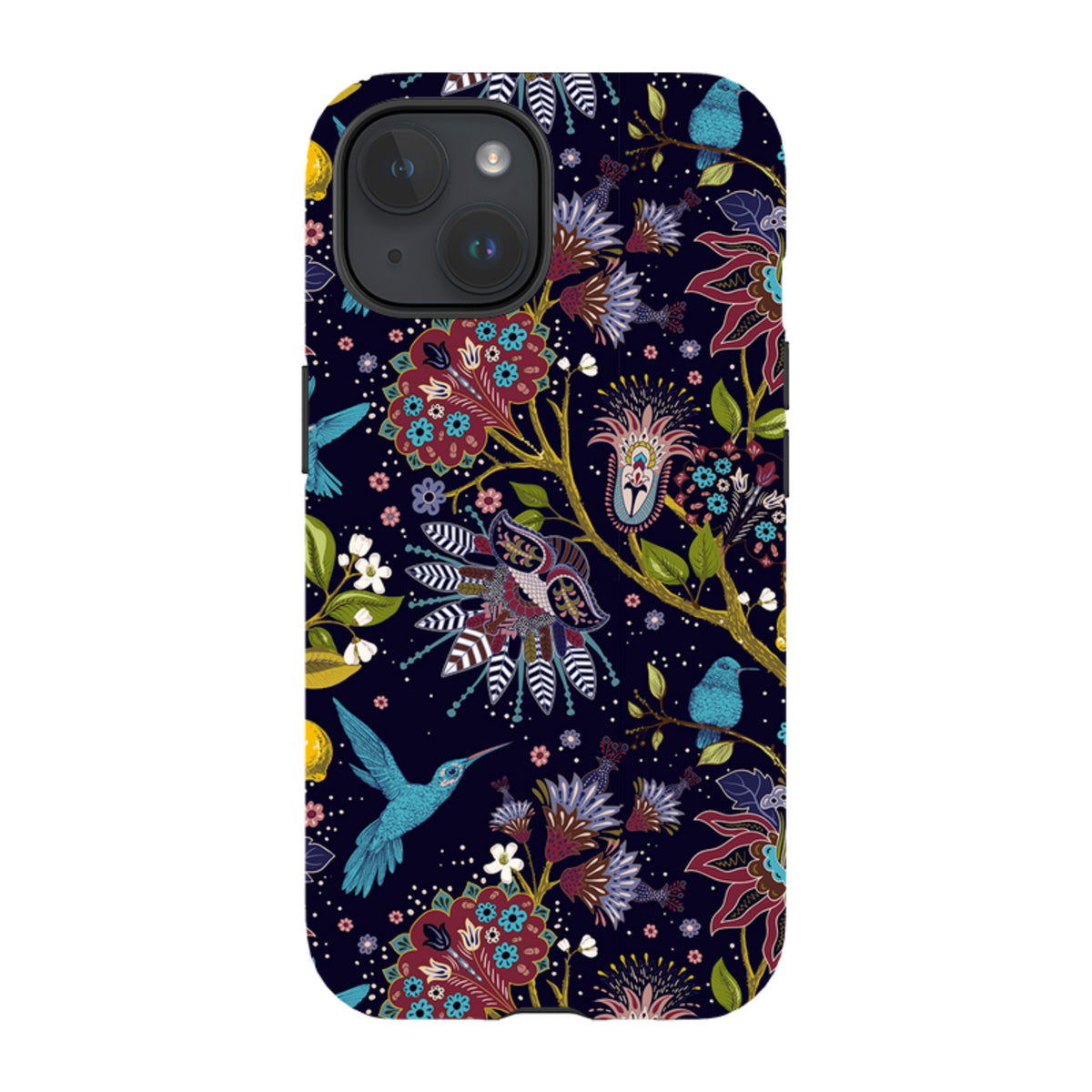 iPhone Tough Case with a dark blue floral and hummingbird pattern, featuring a dual-layer design and camera cut-out.