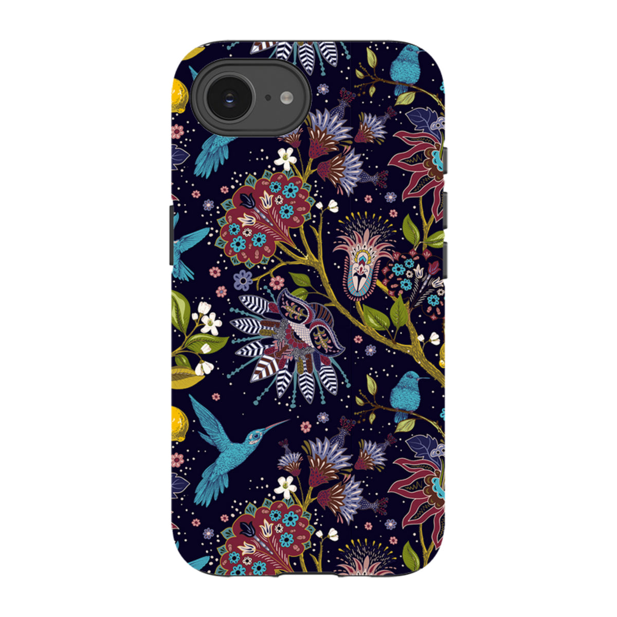 iPhone Tough Case featuring a dark blue floral pattern with hummingbirds and intricate, colorful botanical details.