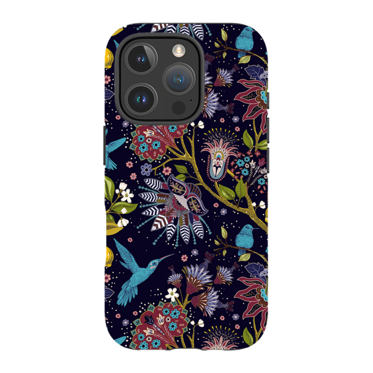 iPhone tough case with a dark blue floral and hummingbird pattern, featuring dual-layer protection and a precision fit.