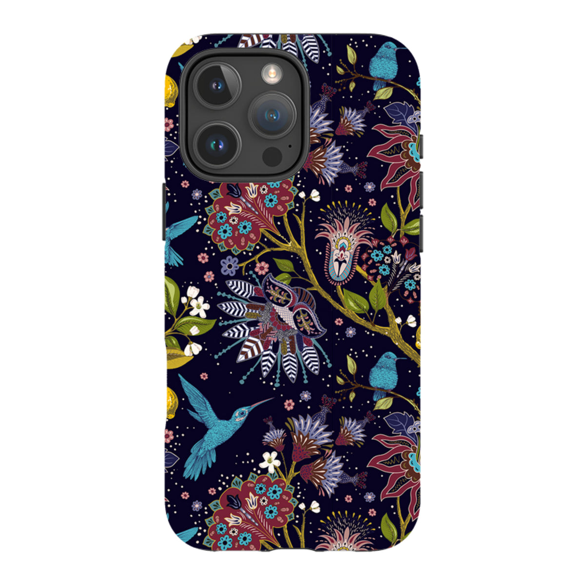 iPhone tough case with a dark blue floral pattern featuring hummingbirds and intricate, colorful botanical illustrations.