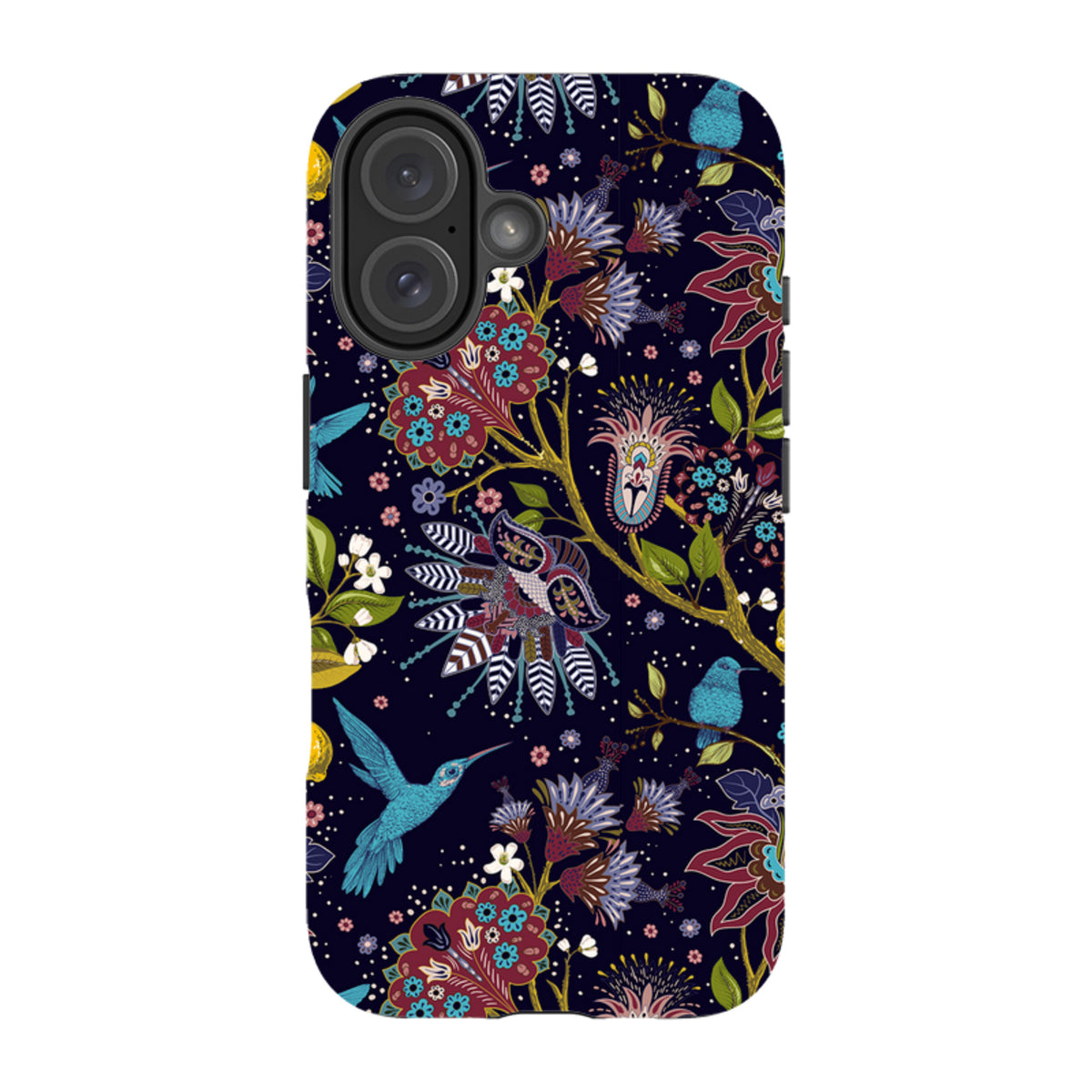 iPhone tough case with a dark navy floral pattern featuring colorful hummingbirds and intricate botanical illustrations.