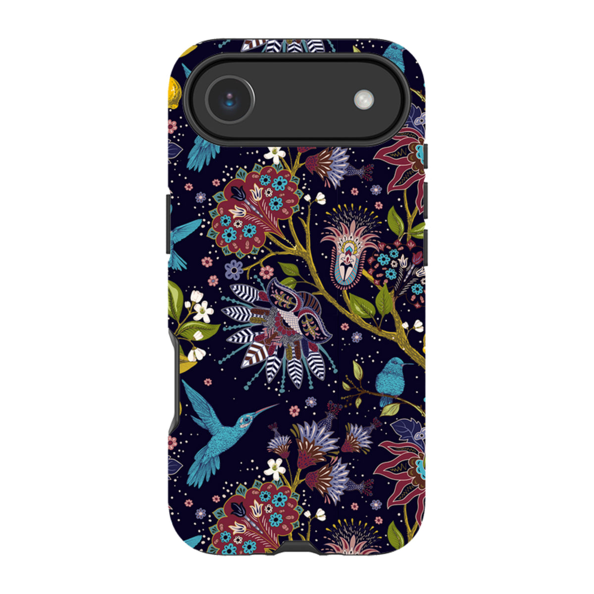 iPhone Tough Case featuring a dark floral pattern with colorful hummingbirds and intricate botanical illustrations.