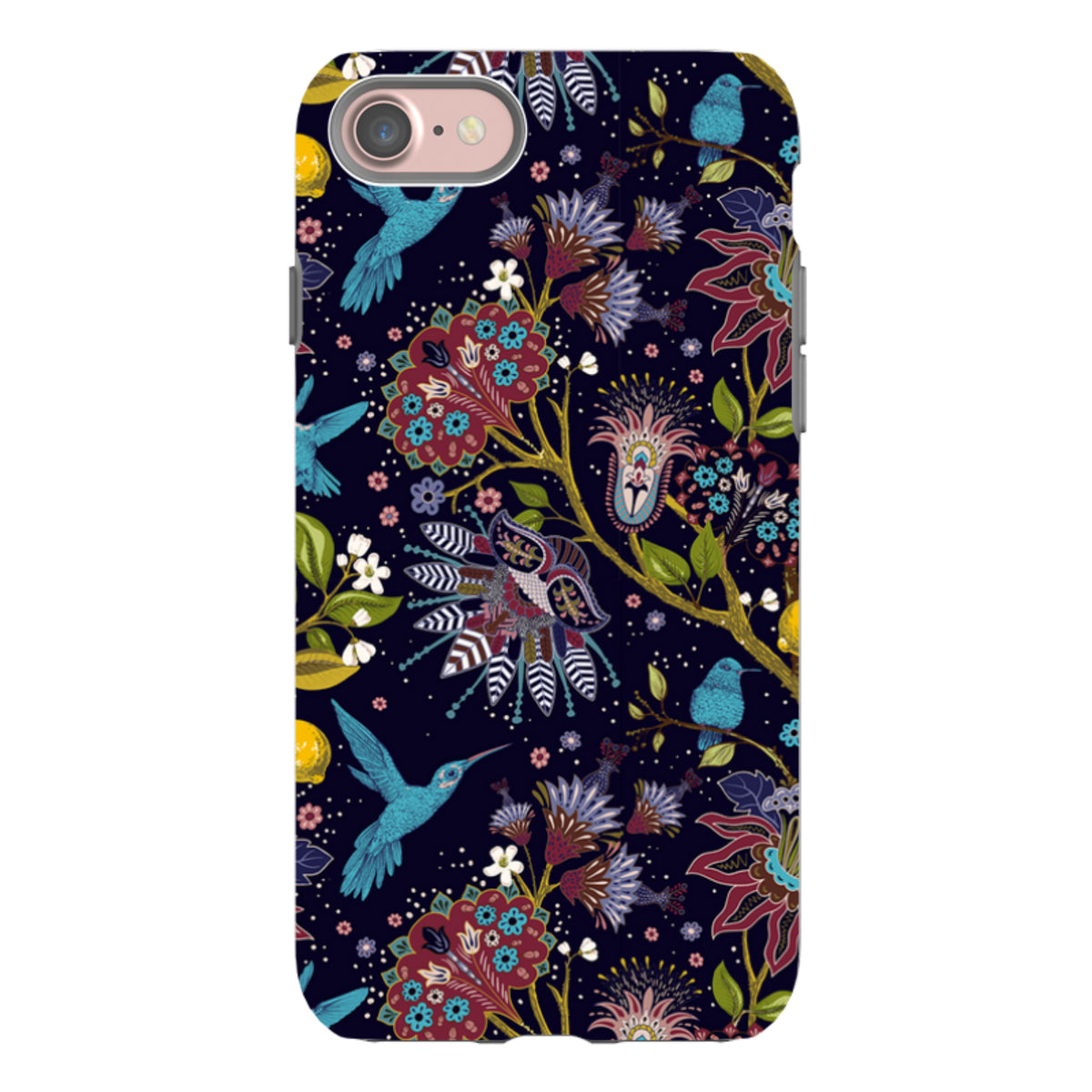 iPhone tough case featuring a dark blue floral pattern with hummingbirds and intricate botanical illustrations.