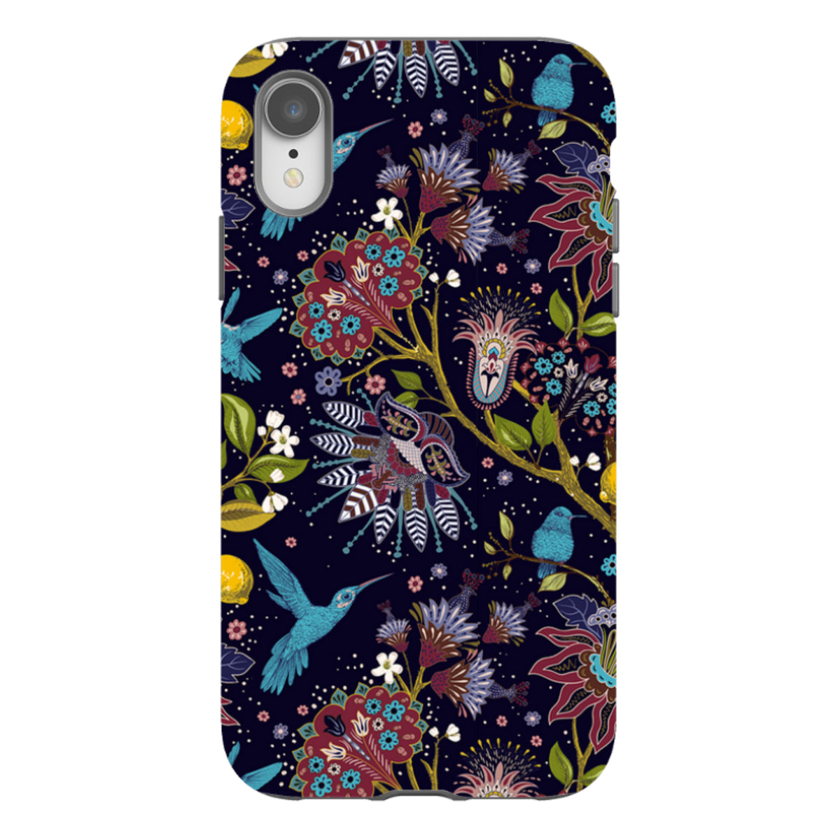 iPhone Tough Case with a dark blue floral pattern featuring hummingbirds and intricate, colorful botanical illustrations.