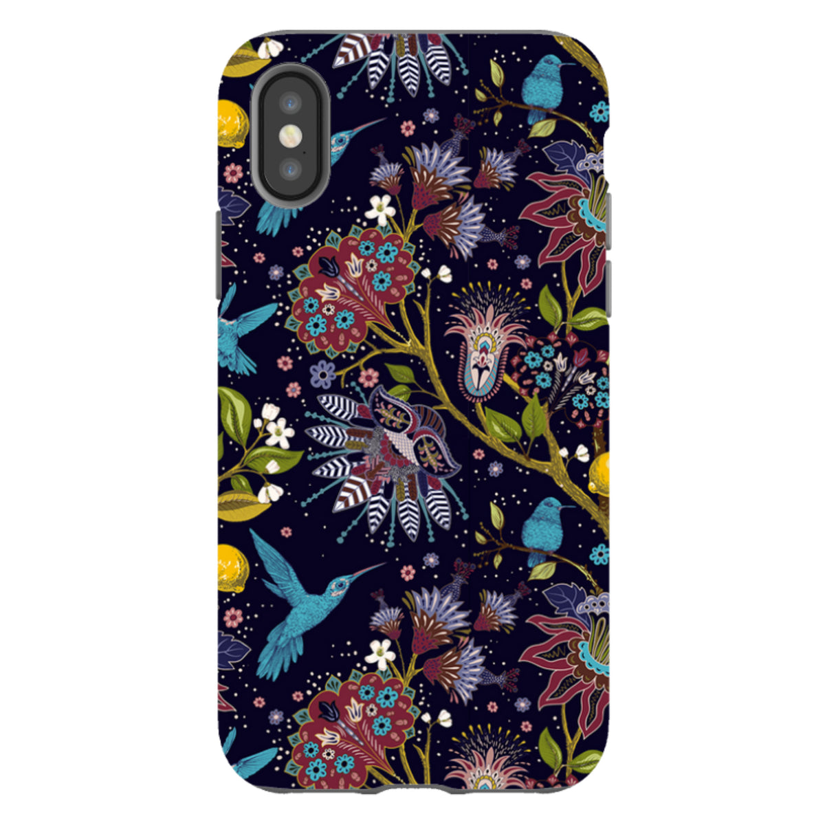 iPhone tough case featuring a dark blue background with vibrant floral patterns and hummingbirds in a dual-layer design.