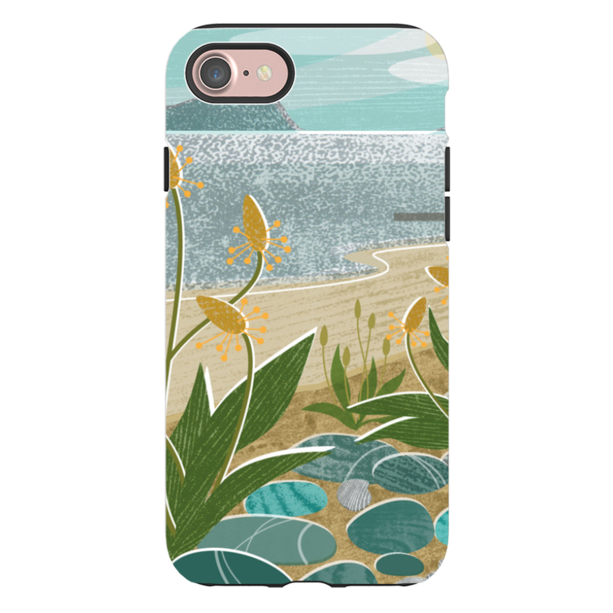 iPhone tough case featuring Shoreline artwork with coastal beach, blue water, green plants, and pebbles in dual-layer design.