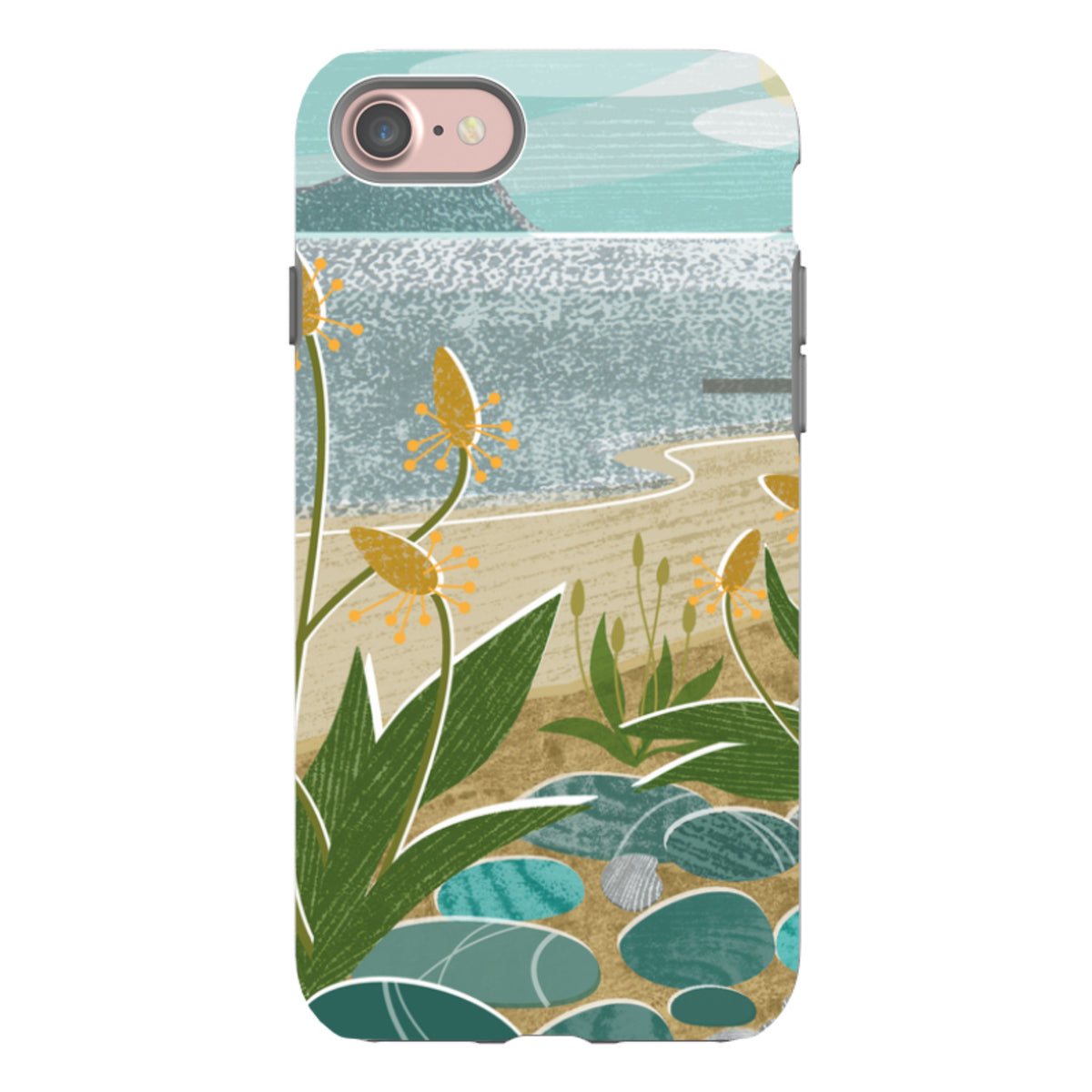 iPhone tough case featuring Liane Payne’s Shoreline beach artwork with coastal plants, blue stones, and a sandy shore.