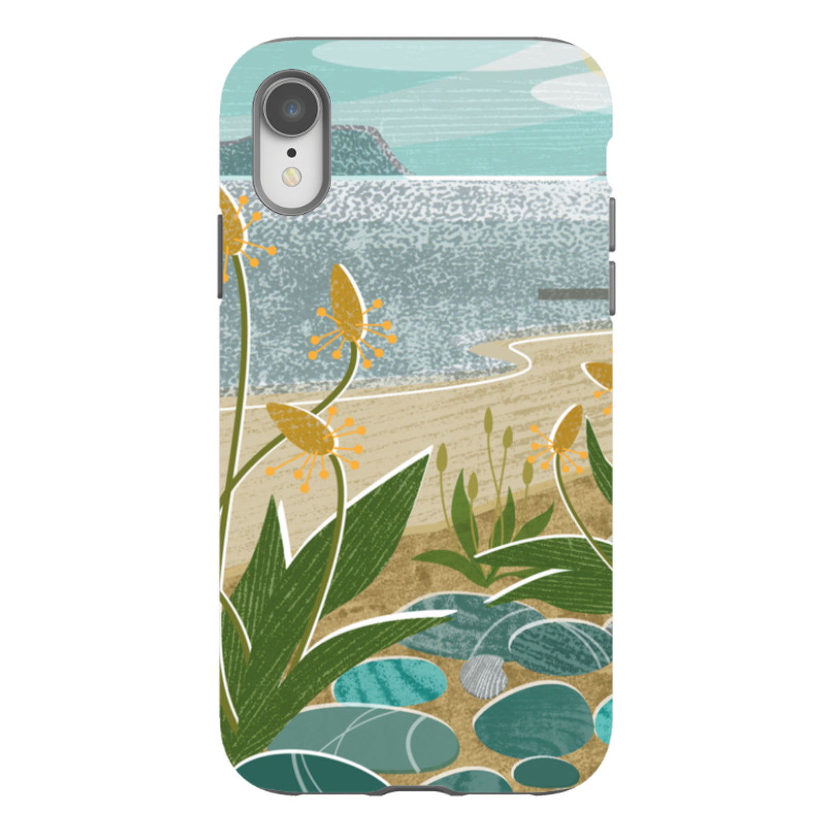 Dual-layer iPhone case with Shoreline artwork featuring blue sea, sandy beach, green plants, and yellow flowers.