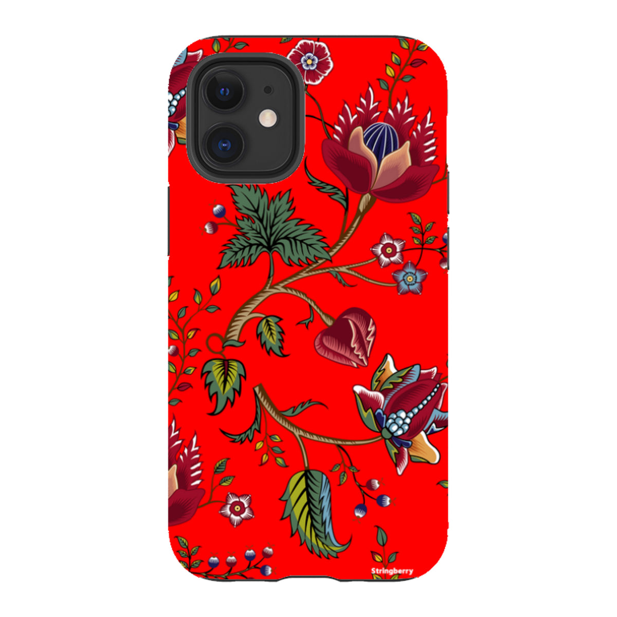 iPhone tough case with a vibrant red background featuring intricate floral and botanical illustrations in a dual-layer design.