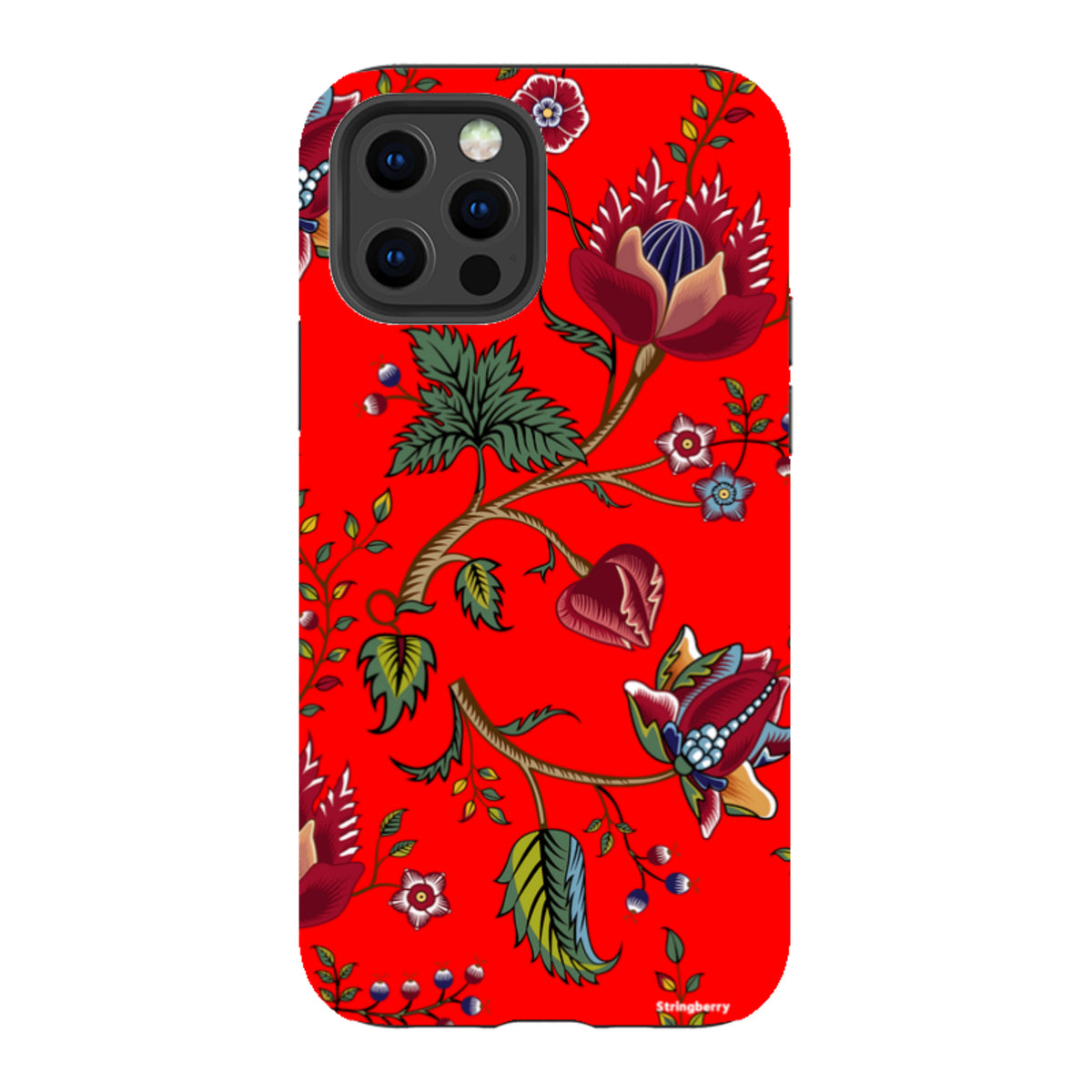 Dual-layer iPhone tough case with a vibrant red background and intricate, colorful floral and botanical skeleton art.