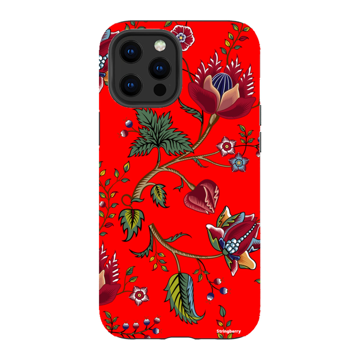 iPhone tough case with a vibrant red background featuring a detailed floral and botanical skeleton-style print.