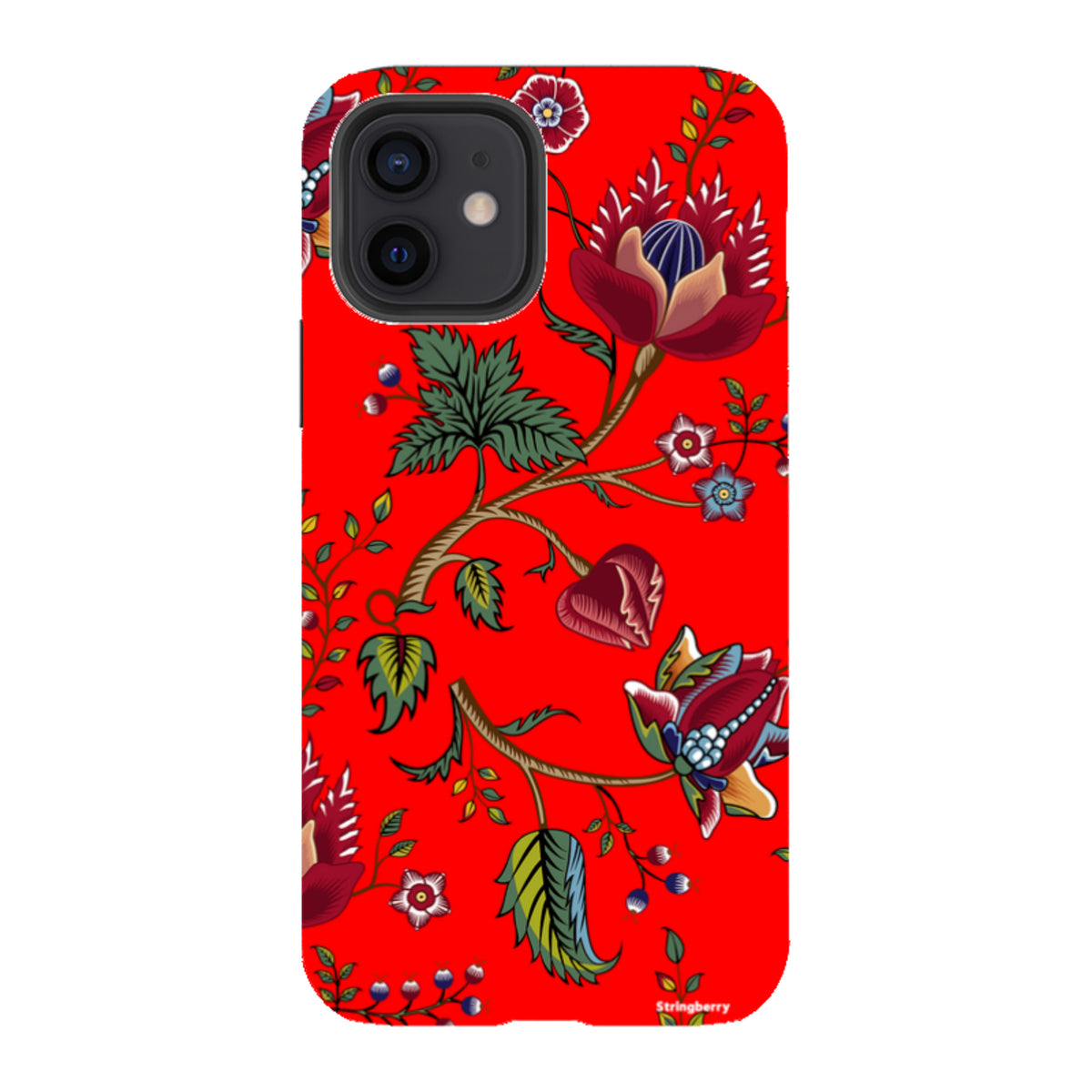 iPhone tough case featuring a vibrant red background with a detailed floral and botanical pattern in multi-colored tones.