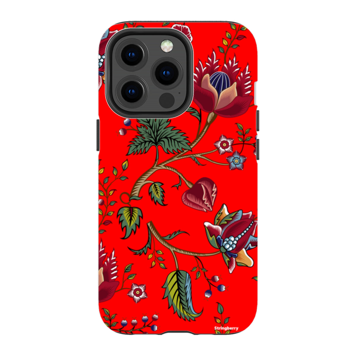 iPhone tough case with a vibrant red background and intricate, colorful floral and leaf pattern in a dual-layer design.