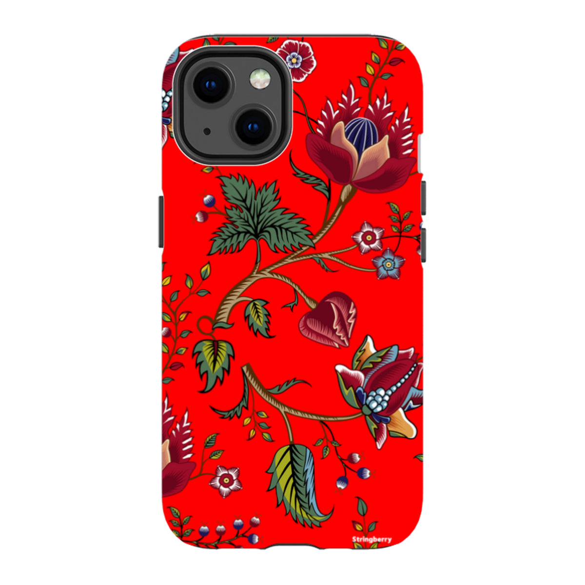 Dual-layer iPhone tough case featuring a vibrant red background with intricate, colorful floral and botanical art.