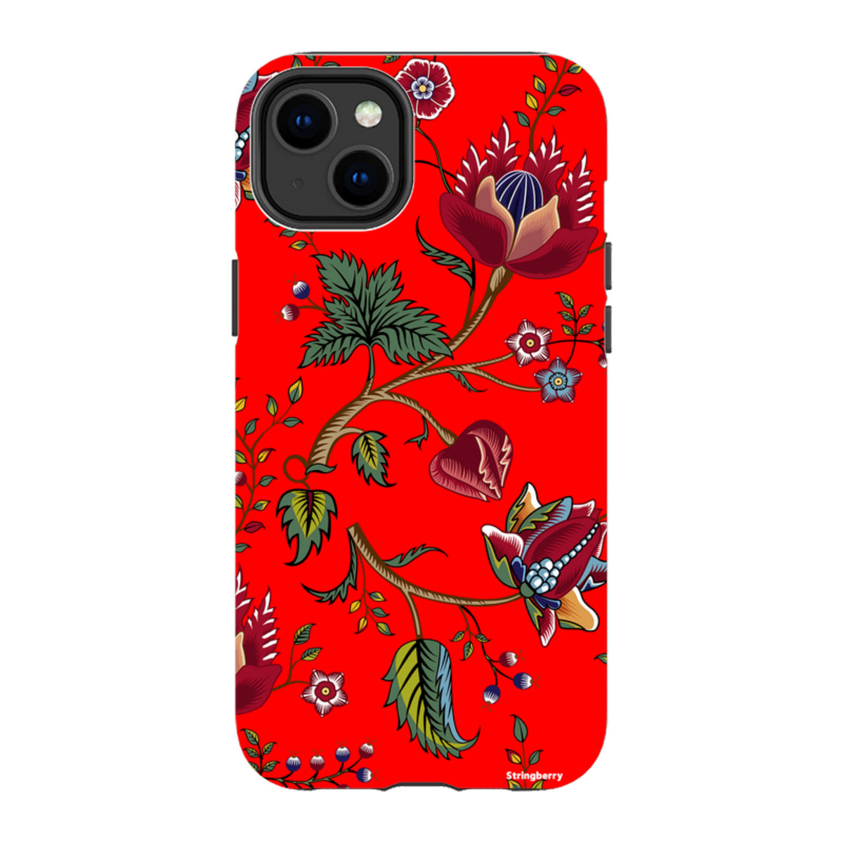 Dual-layer iPhone tough case in bright red with a detailed floral and botanical print featuring deep red and green tones.
