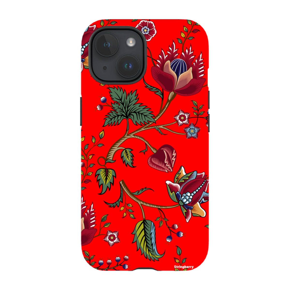 iPhone tough case with a vibrant red background featuring a detailed floral and botanical pattern in green, blue, and burgundy.