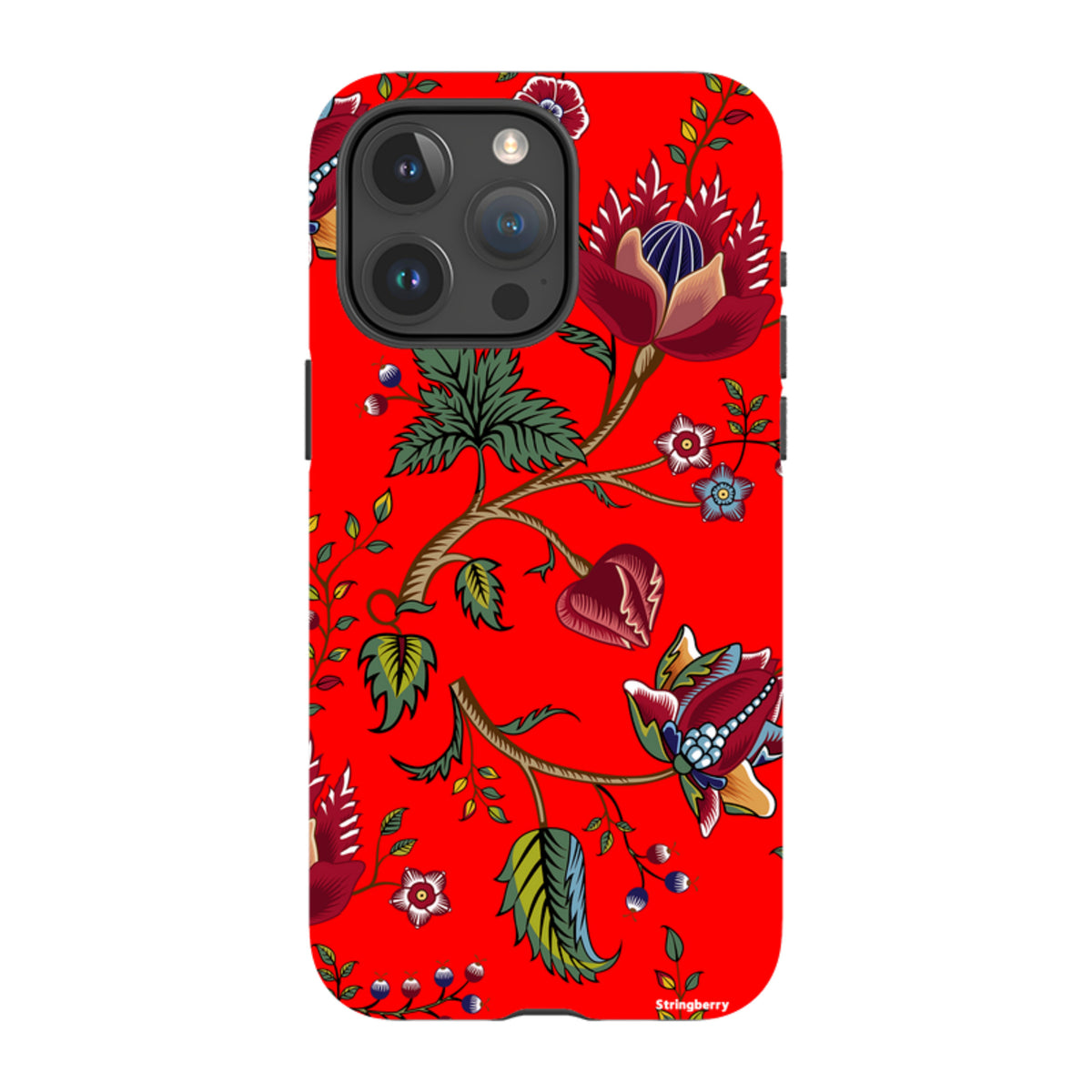 Red iPhone tough case featuring a vibrant floral pattern with green leaves and multi-colored flowers on a bright background.