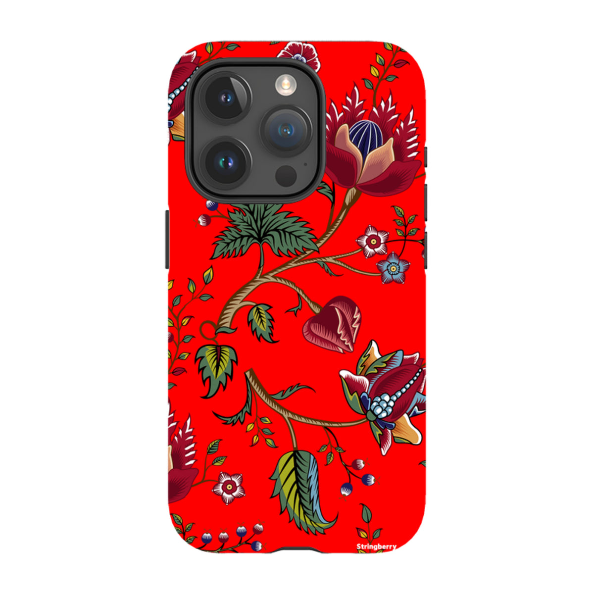 iPhone tough case with a vibrant red background featuring a detailed floral and botanical pattern in high-definition.