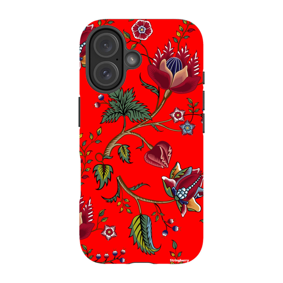 Red iPhone tough case featuring a vibrant floral pattern with intricate leaves and blossoms in a dual-layer protective design.