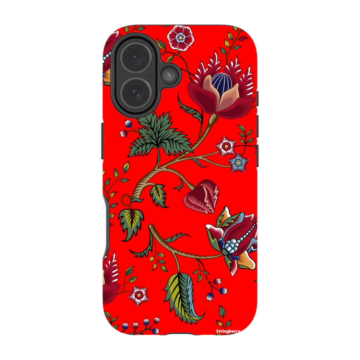 iPhone tough case featuring a vibrant red background with intricate floral and botanical illustrations in a folk-art style.