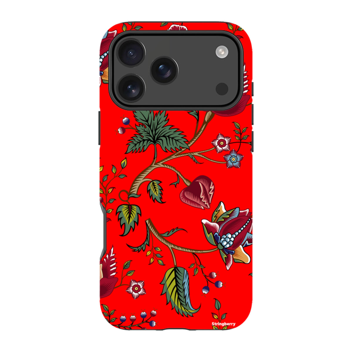 iPhone tough case with a vibrant red background featuring a detailed, colorful floral and botanical pattern.
