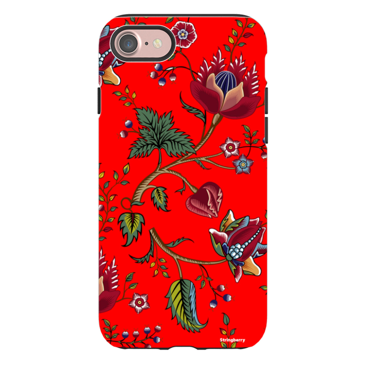 iPhone tough case with a vibrant red background and intricate, colorful floral and botanical folk art pattern.