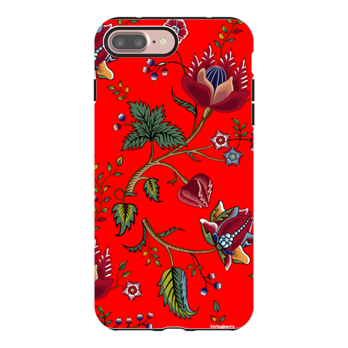 iPhone tough case featuring a vibrant red background with intricate, high-definition floral and botanical artwork.